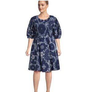 Terra & Sky Smocked Puff Sleeve Dress Dark Navy Bandana Print 2X 20W-22W